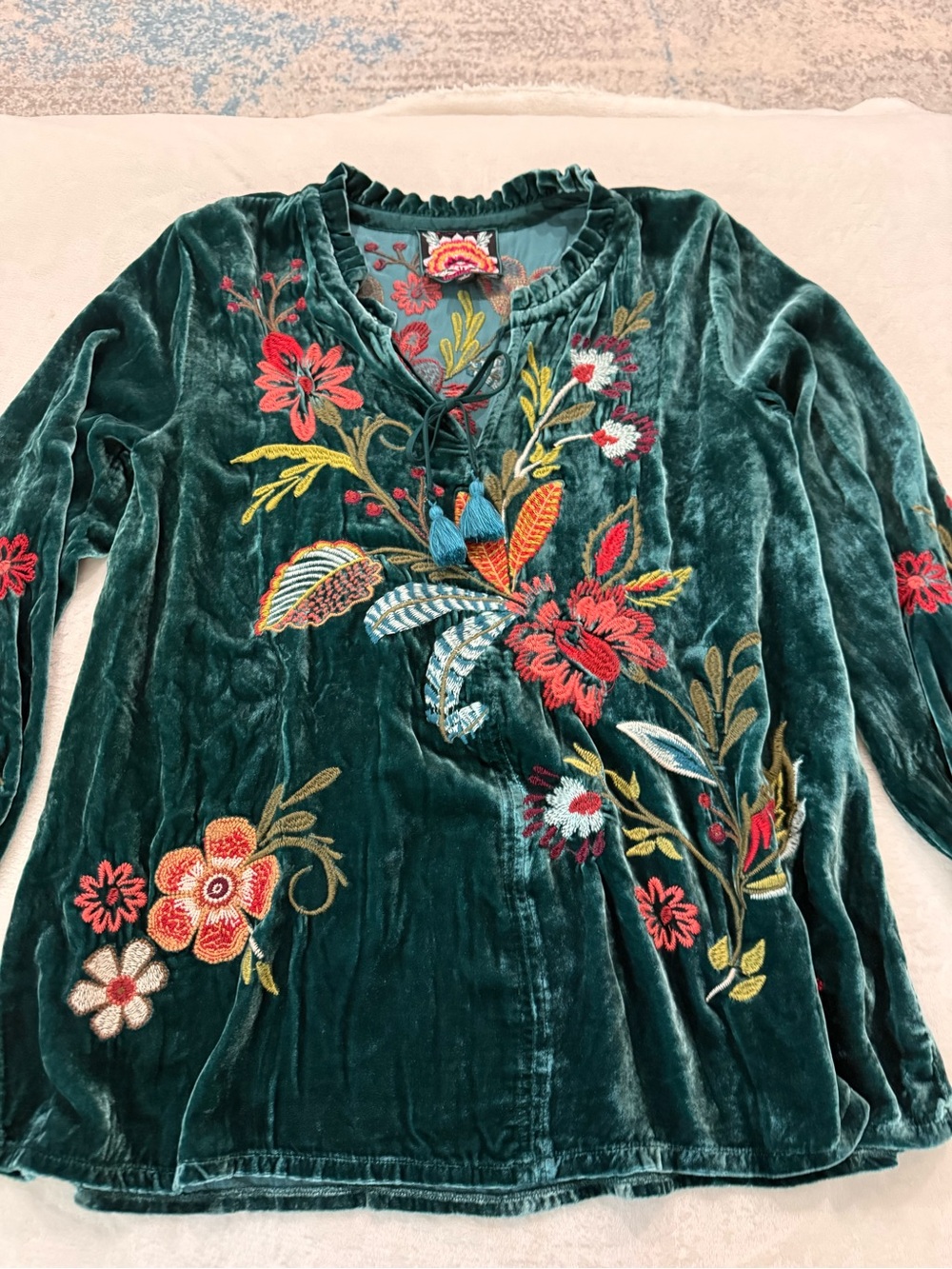 Johnny Was JWLA Isabella Green Velvet Field Blouse Boho Chic Small D74